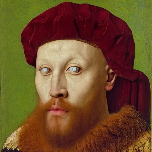 Image similar to portrait of a king with a lions head for a head, oil painting by jan van eyck, northern renaissance art, oil on canvas, wet - on - wet technique, realistic, expressive emotions, intricate textures, illusionistic detail