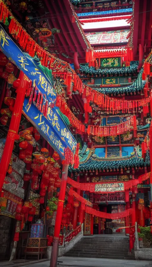 Prompt: a chinese temple with cyberpunk enhancements