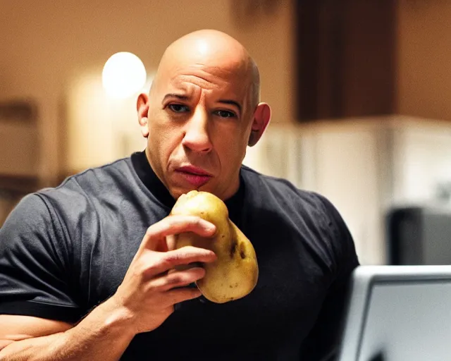 Prompt: photo still of vin diesel eating a potato on a computer, 8 k, live concert lighting, mid shot