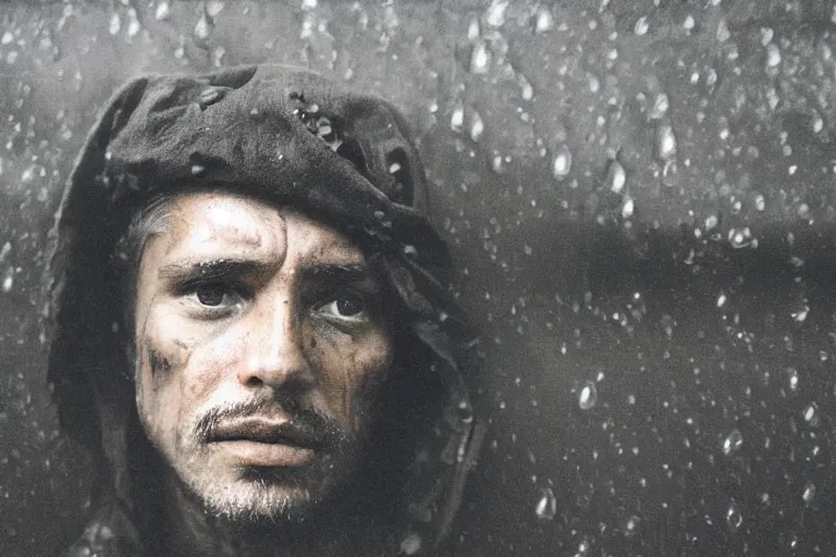 Image similar to a cinematic!! headshot photograph!! of a beautiful homeless war veteran, stood in a tunnel, rain, film still, cinematic, dramatic lighting, by bill henson