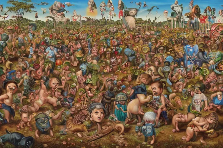 Image similar to a sparsely populated strange battle in an old hospital between old people and babies Robert Williams Mark Ryden and Alex Gross, Todd Schorr highly detailed deep perspective perfect composition