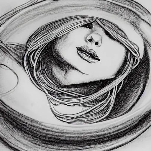 Prompt: pencil sketch of taylor swift hiding in a giant plate of spaghetti