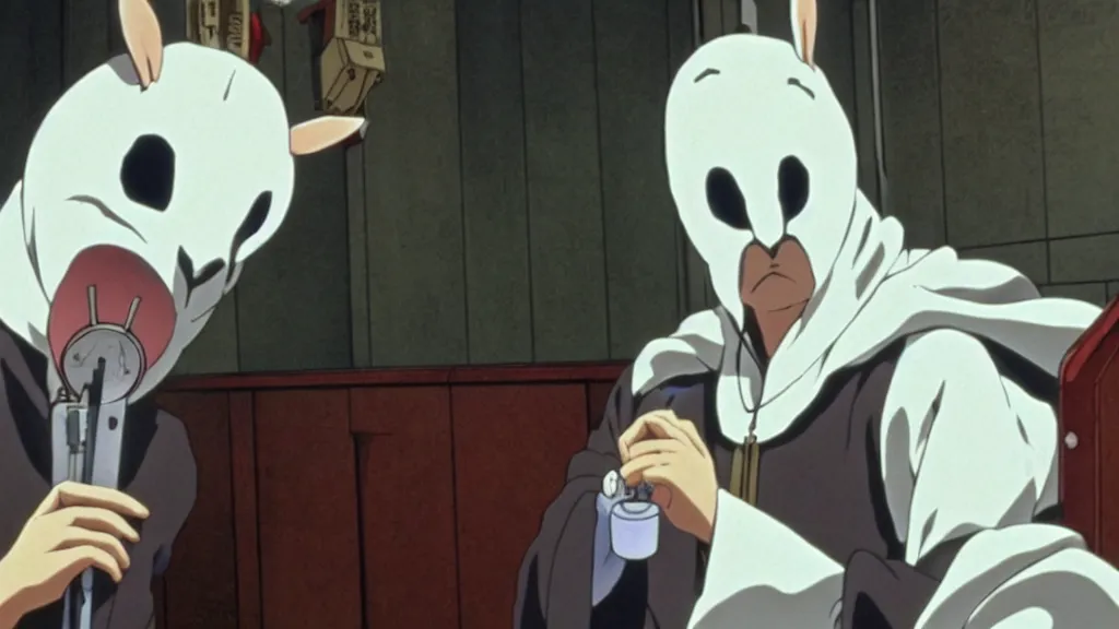 Prompt: a man wearing priest clothes and a white rabbit mask sitting in a confessional holding a pistol, anime film still from the an anime directed by Katsuhiro Otomo with art direction by Salvador Dalí, wide lens