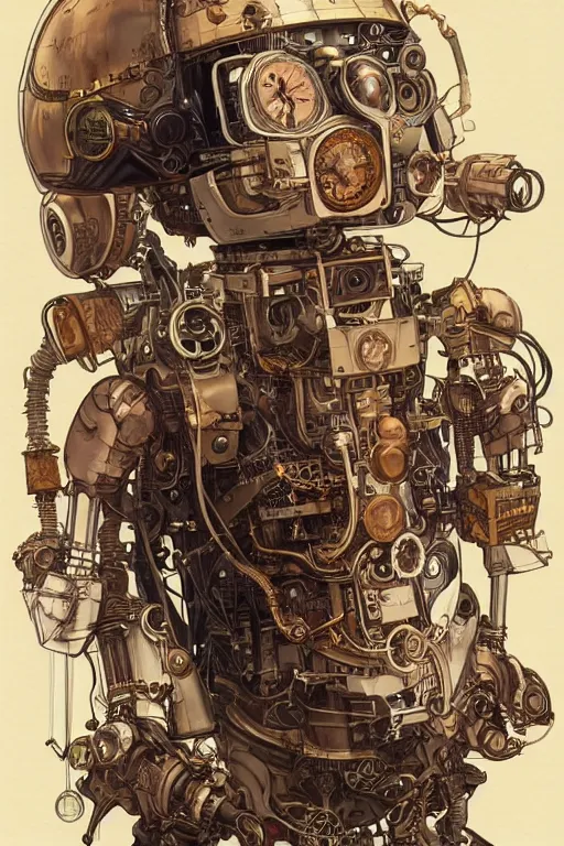 Image similar to a portrait of a steampunk robot, realistic, artstation, illustration by silvio camboni, yoshitaka amano, katsuhiro otomo, victo ngai, james gurney, brom, jeffrey jones, steampunk concept art, alphonse mucha