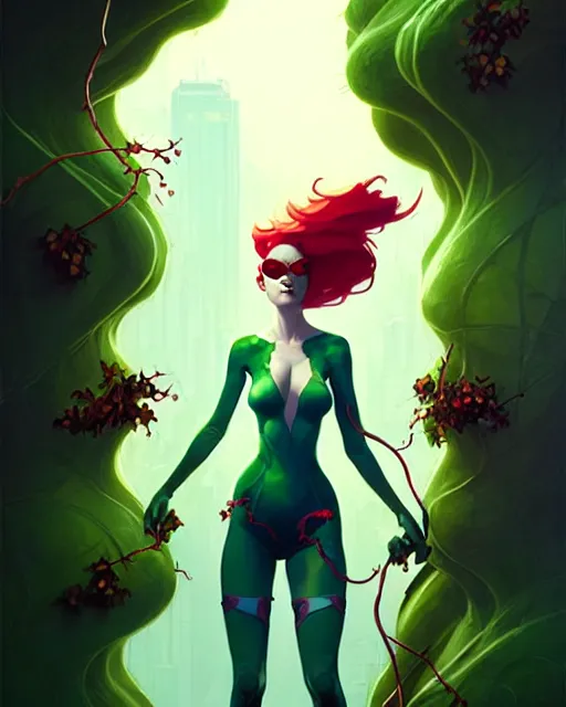 Prompt: peter mohrbacher, phil noto comicbook cover art, artgerm, emma stone poison ivy, vines, symmetrical eyes, city rooftop