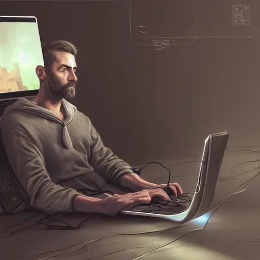 Image similar to realistic man using laptop in super tech room, artstation trends, concept art, highly detailed, intricate, sharp focus, digital art, 8 k