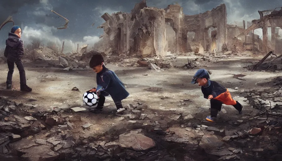 Prompt: kids playing with soccer ball in las vegas ruins, cloudy day, snow dunes, debris, hyperdetailed, artstation, cgsociety, 8 k