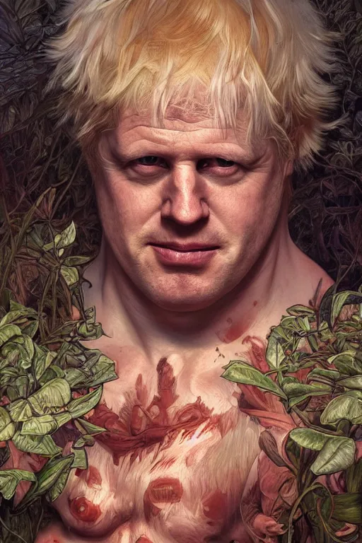 Image similar to portrait of boris johnson as a hulking herculean demon, forest, godlike, full body, fantasy, intricate, elegant, highly detailed, digital painting, artstation, concept art, sharp focus, illustration, art by artgerm and greg rutkowski and alphonse mucha