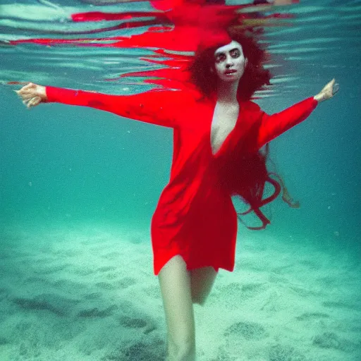 Prompt: beautiful portrait of sensual fashion model in red silk underwater, 35mm film