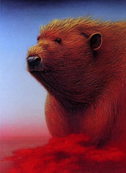 Prompt: a side view of spirit of chthonic demonic capybara with red eyes, on background red lake on fire, highly detailed, art by Ayami Kojima, Beksinski, Giger