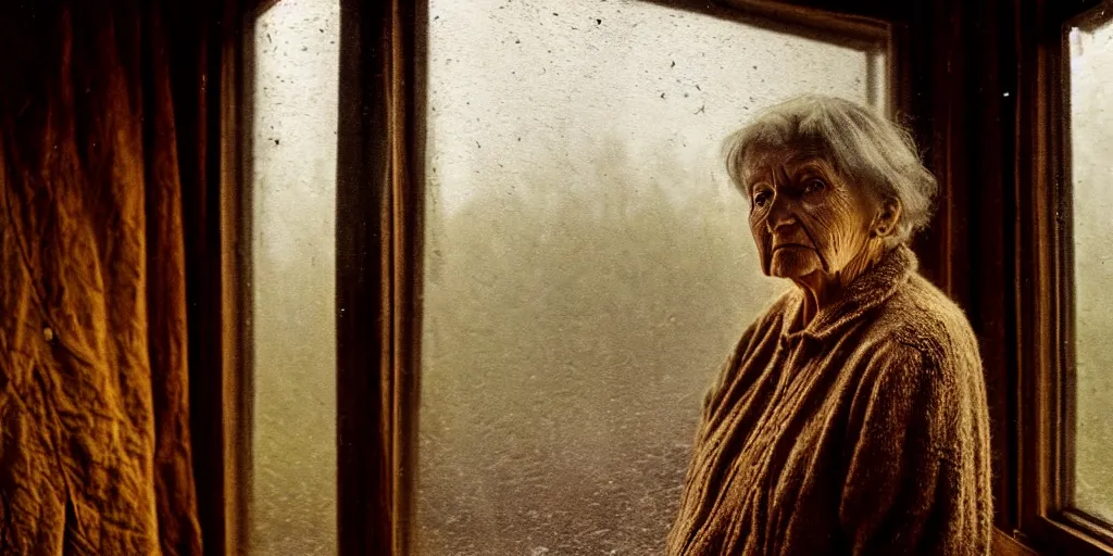 Prompt: portrait bust of old woman, looking outside, tired expression, faded color film, russian cinema, tarkovsky, kodachrome, inside old cabin, next to window, heavy forest outside, long brown hair, old clothing, heavy fog, brown color palette, sunset, low light, hudson river school, 4 k, dramatic lighting, greg rutkowski