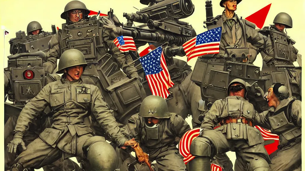 Image similar to America and Japan fight WWII with mechs, in the style of Norman Rockwell, sci-fi illustrations, propaganda poster, highly detailed, intricate, photorealistic, award-winning, patriotic, dark, gritty, oil painting