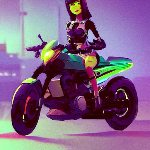 Prompt: Walter white cyberpunk girl sitting on a motorcycle, mattepainting concept pixar maya engine on stylized background splash comics global illumination lighting artstation lois van baarle, ilya kuvshinov, rossdraws