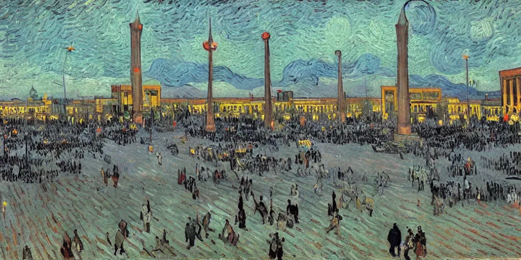 Prompt: painting of azadi square, tehran, early morning, cloudy, by van gogh