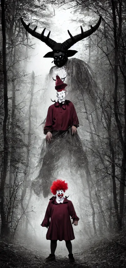 Image similar to a clown with big horns in the forest, darkness, creepy