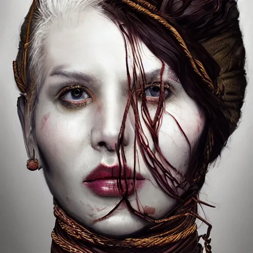 Image similar to portrait of a Shibari rope wrapped face and neck, headshot, insanely nice professional hair style, dramatic hair color, digital painting, of a old 17th century, old cyborg merchant, amber jewels, baroque, ornate clothing, scifi, realistic, hyperdetailed, chiaroscuro, concept art, art by Franz Hals and Jon Foster and Ayami Kojima and Amano and Karol Bak,