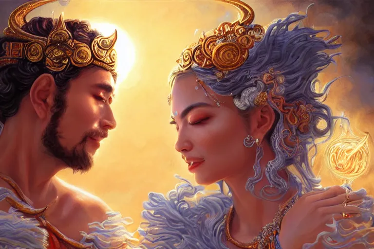 Image similar to close up moment of a divine a sun god and a moon goddess lovers magician at a wedding banquet, highly detailed, d & d, fantasy, highly detailed, digital painting, trending on artstation, concept art, sharp focus, illustration, art by artgerm and greg rutkowski and magali villeneuve