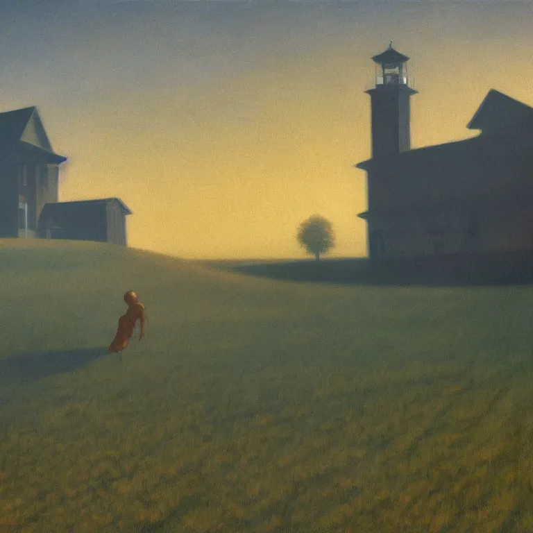 Image similar to alien abduction in cornfield, fog, early morning, , painted by Edward Hopper, painted by Wayne Barlow, airbrush