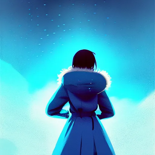 Image similar to frozen rain floating around a flying girl with long sky blue hair, low - angle shot from behind, blue coat, fur scarf, ultra fine detail, dark theme, realistic painting, photography, psychedelic, film still, cinematic, wlop, ilya kuvshinov, ismail inceoglu,