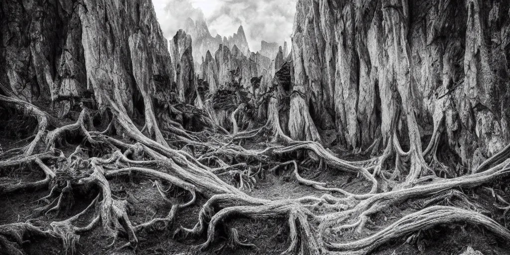 Image similar to photography of dolomites overgrown by roots, dolomites, alpine, detailed intricate insanely detailed octane render, 8k artistic 1920s photography, photorealistic, chiaroscuro, black and white, hd, by David Cronenberg, Raphael, Caravaggio