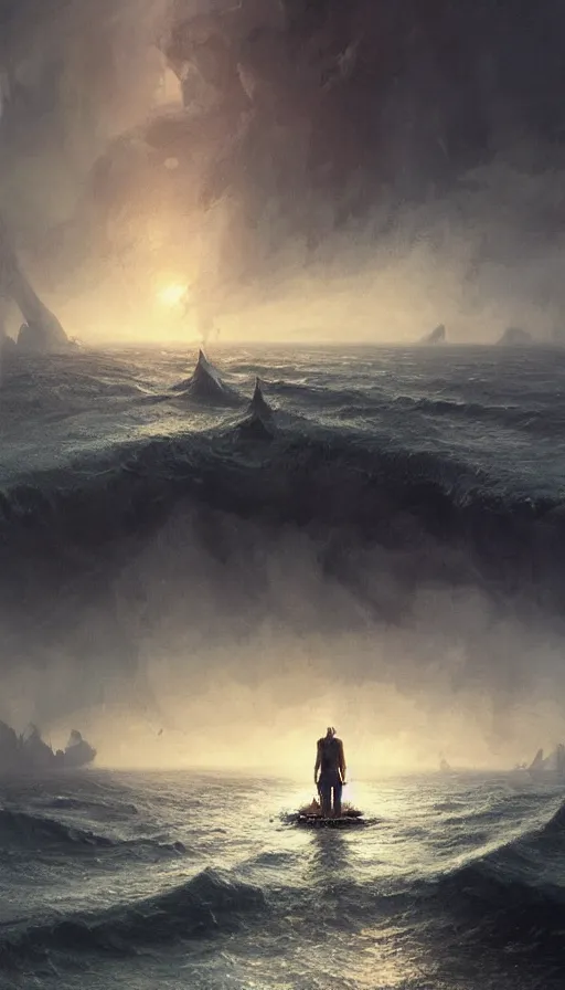 Image similar to man on boat crossing a body of water in hell with creatures in the water, sea of souls, by greg rutkowski