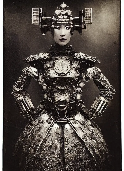 Image similar to old wetplate daguerreotype frame portrait of a futuristic silver armored geisha emperor district 9 cyborg, fractal, intricate, elegant, highly detailed, subsurface scattering, by jheronimus bosch and greg rutkowski and louis jacques mande daguerre