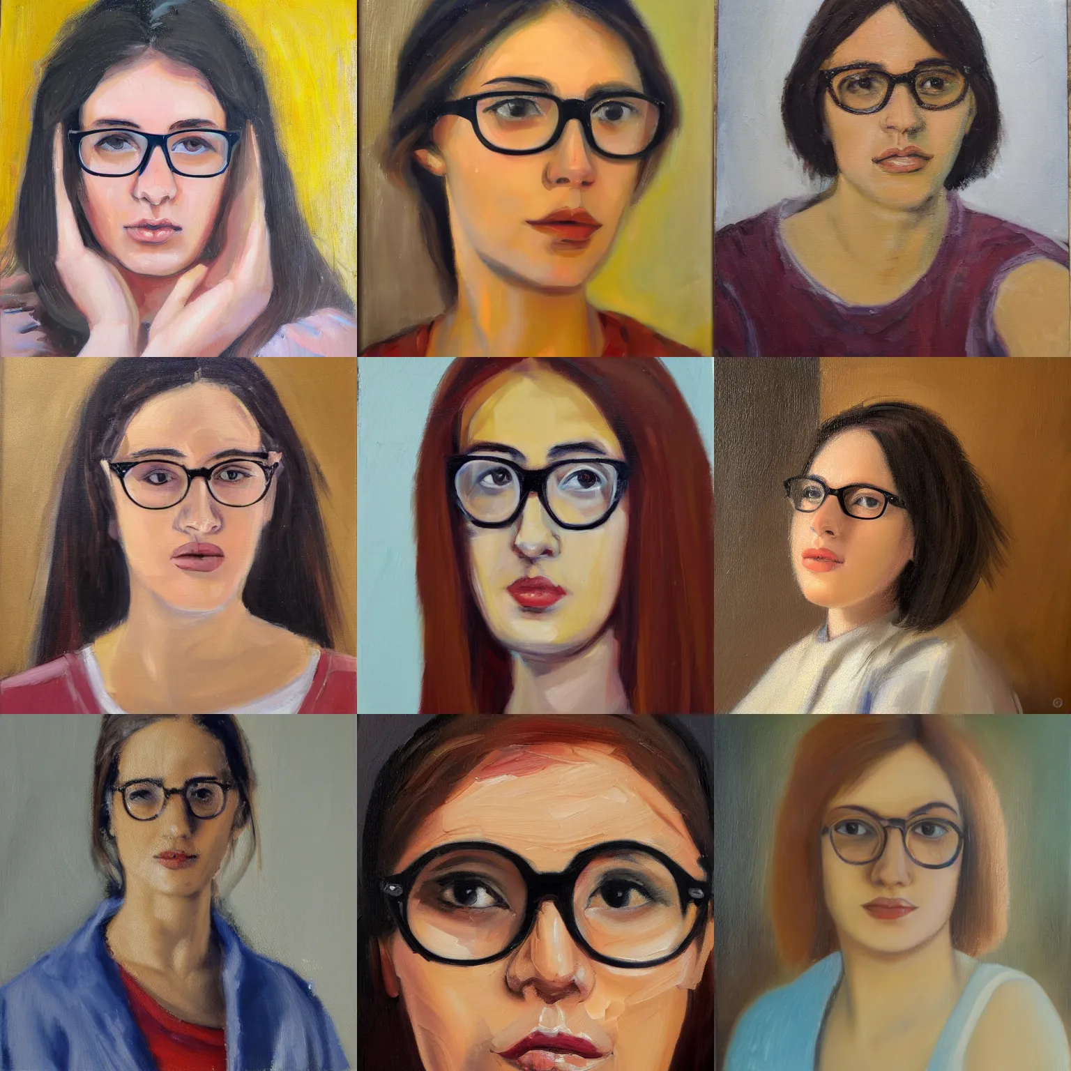 Prompt: the half algerian half french 22 year old female wearing glasses, oil painting, in focus