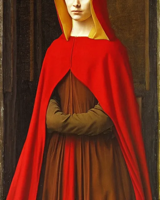 Image similar to a painting of a woman in a red cloak, a flemish baroque by antonello da messina, behance, pre - raphaelitism, da vinci, pre - raphaelite, dutch golden age