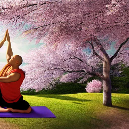 Image similar to a monk practicing yoga in front of a tibetean monastery on top of a mountain, under a cherry blossom tree, steampunk, detailed digital art