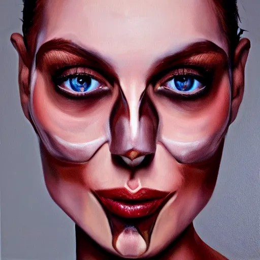 Prompt: hyperrealism oil painting, fashion model portrait, rose eye sockets