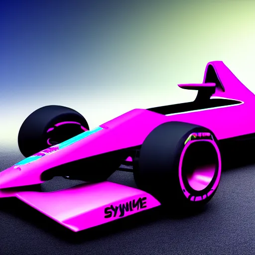 Prompt: detailed photo of a synthwave formula one car, 8 k.