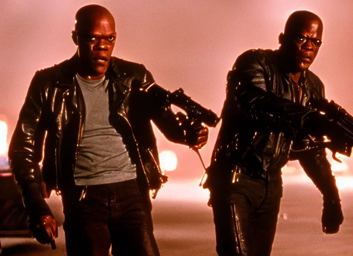 Image similar to Samuel L. Jackson plays Terminator wearing leather jacket and his endoskeleton is visible, action scene from the film