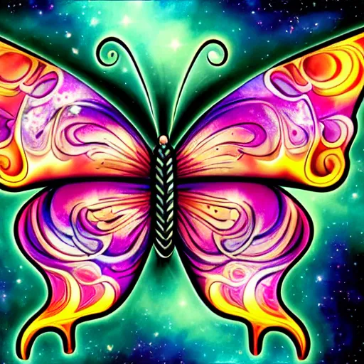 Prompt: cosmic nebula butterfly by Ed Hardy, tattoo, matte background, horizontal symmetry