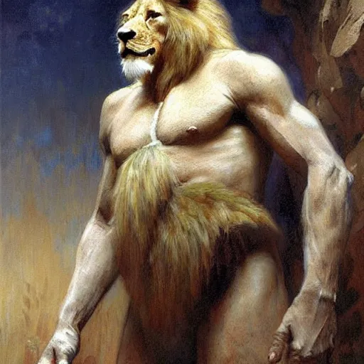 Image similar to a portrait of an anthromorphic lionman. highly detailed painting by gaston bussiere, craig mullins, j. c. leyendecker, furry