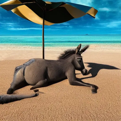 Prompt: a donkey wearing cool sunglasses is lying on a beach sun bed, digital art, amazing detail