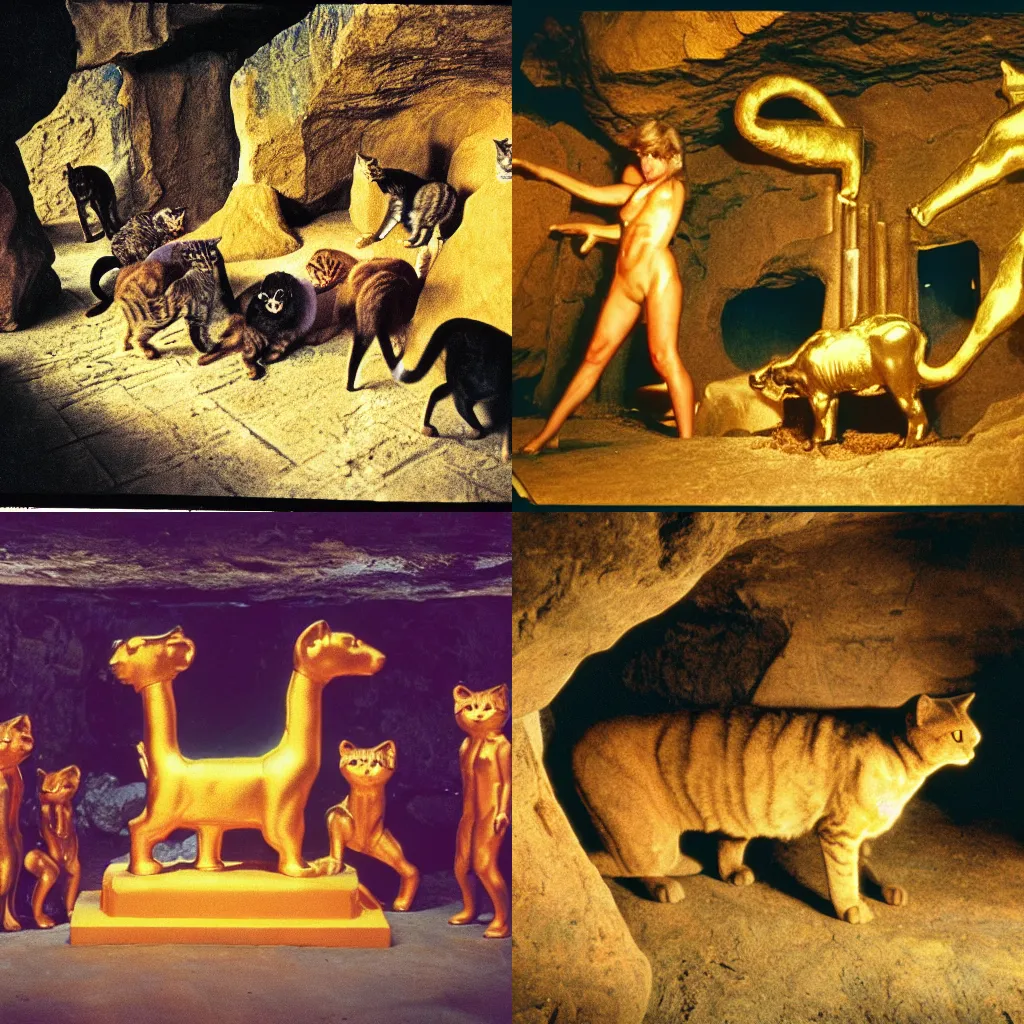 Prompt: 80's color Photo of cats worshipping a golden calf inside a cavern