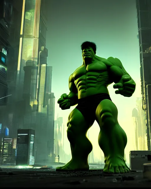 Image similar to cyberpunk sci - fi scene of the hulk using a computer interface, artstation, matt painting, very detailed, maximalism, ambient occlusion, volumetric light, atmospheric haze, unreal engine, hyper realism, realistic shading, cinematic composition, realistic render, octane render, detailed textures, photorealistic, wide shot