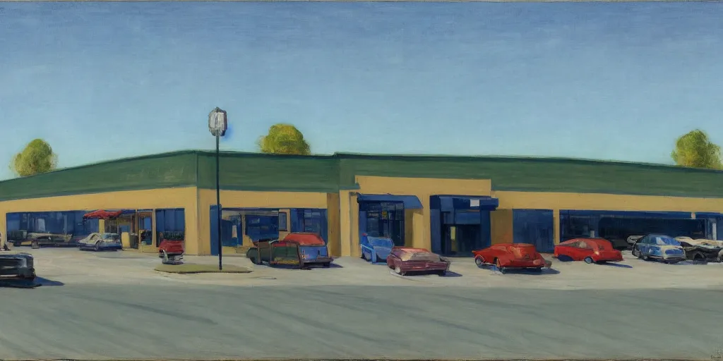 Prompt: The parking lot behind a Walmart in a North American suburban strip mall by Edward Hopper