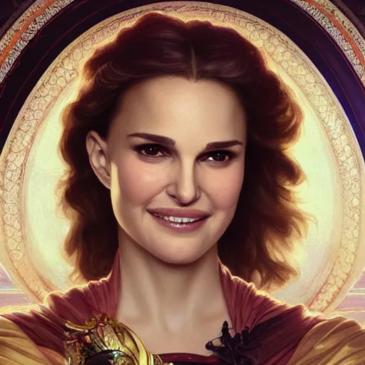 Image similar to natalie portman and kate mulgrew grinning, crab queen, intricate, elegant, highly detailed, digital painting, artstation, concept art, smooth, sharp focus, illustration, art by artgerm and greg rutkowski and alphonse mucha and william - adolphe bouguereau