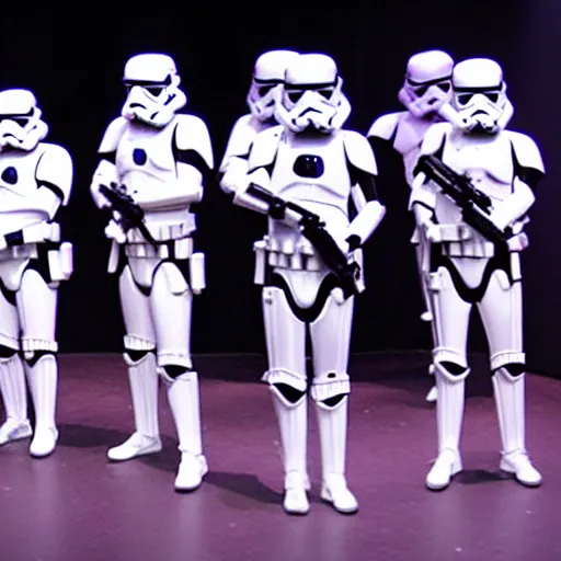 Prompt: star wars theater show stormtroopers can can dancing