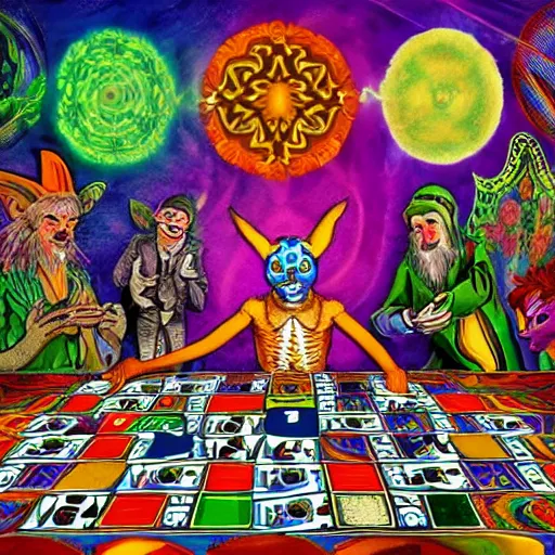 Prompt: A psychedelic DMT Jester standing on a deck of cards is surrounded by DMT-Elves and Bright DMT Magic