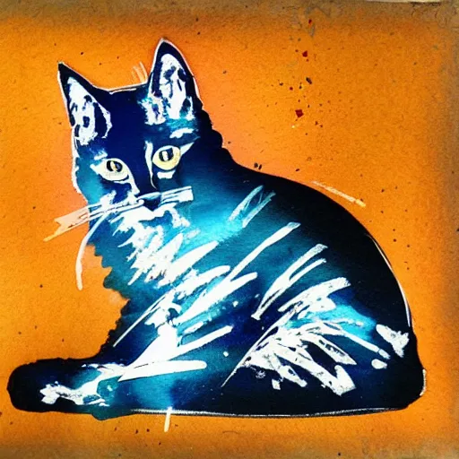 Image similar to Cat. Watercolor, sprayed through stencils and brushed, on paper mounted on board inscribed by the artist.