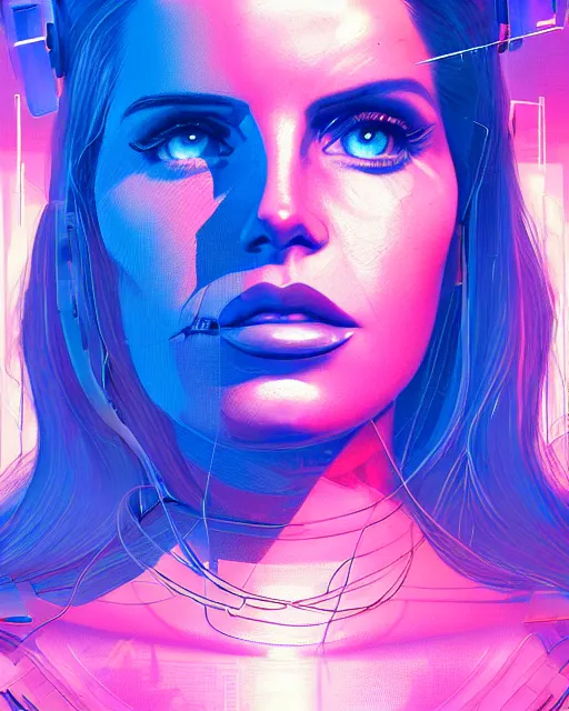 Image similar to portrait of lana del rey as a cyborg. realist abstract. key art. cyberpunk, blue and pink, intricate artwork. clear face, art by tooth wu, wlop, beeple, dan mumford. 8 k octane render, trending on artstation, greg rutkowski very coherent symmetrical artwork. cinematic, hyperrealism, very detailed, iridescent accents