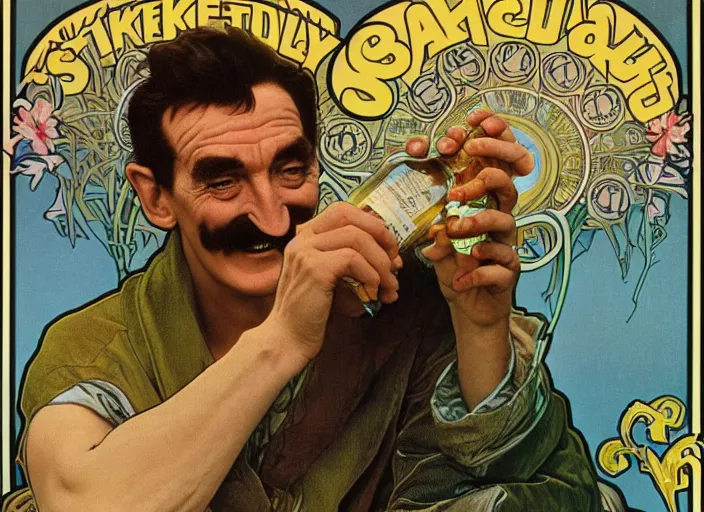 Image similar to barry chuckle drinking a bottle of snake oil, snake oil advertisement from 1 9 8 8, artwork by alphonse mucha and richard corben, 3 d, high resolution 8 k