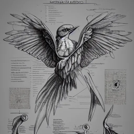 Image similar to anatomy of a bird, da vinci notes, ultradetailed, artstation