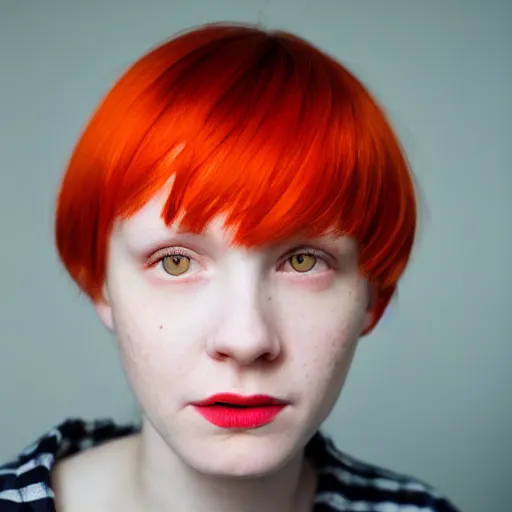 Prompt: photograph, closeup portrait of a young pale woman with short orange hair, tired eyes, wearing red flannel, flash photography, white background, indoor setting, high contrast, sharp, portra 8 0 0, photographed by terry richardson, trending on tumblr,