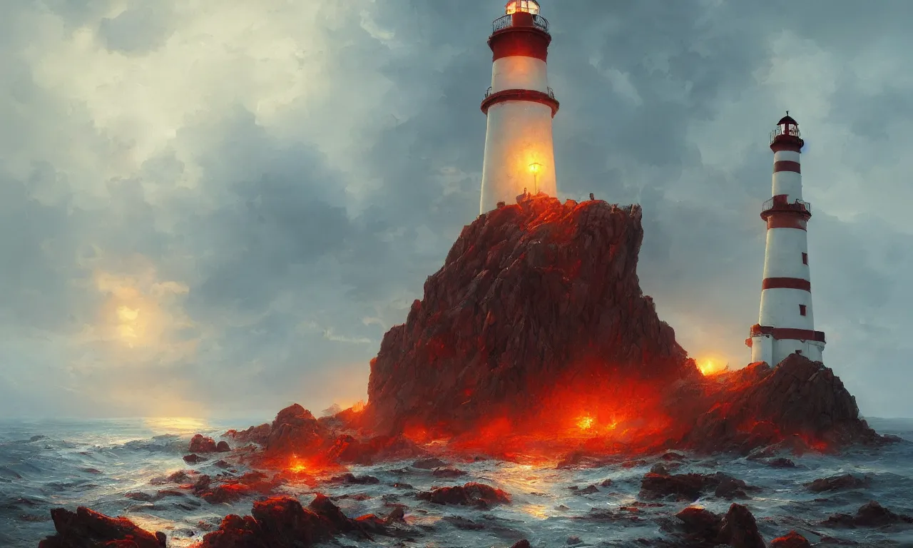 Image similar to a beautiful painting of a lighthouse seen at a distance shining it's light across a violent tumultuous sea of red blood by john blanche and greg rutkowski, trending on artstation, midjourney