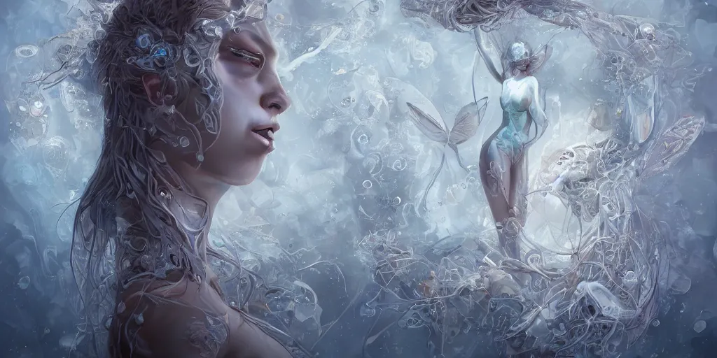 Image similar to hyperrealistic solarpunk photography of a highly detailed and symmetrical gorgeous cyborg nymph awash in a sea of milk in the style of beth cavener, jin kagetsu, james jean and wlop, face symmetry, masterpiece, award - winning, sharp focus, intricate concept art, ambient lighting, 8 k, artstation