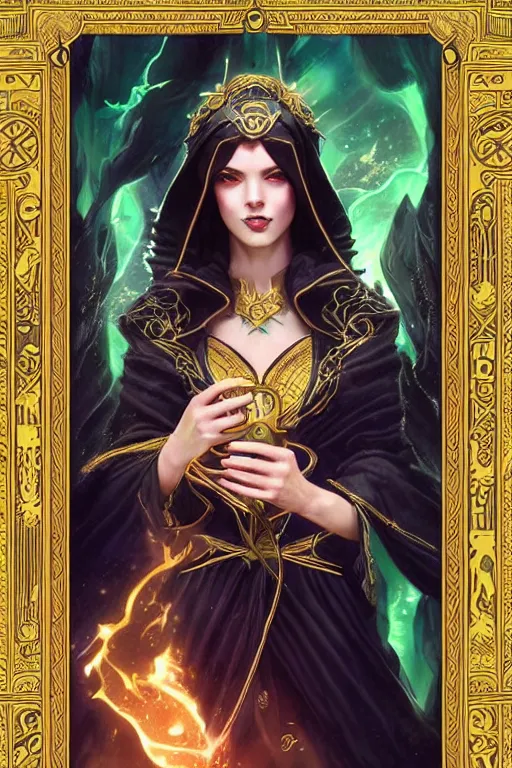 Prompt: a tarot card of an attractive young girl sorceress wearing a black robe with gold embroidery, casting a spell, green glows, painted by artgerm and tom bagshaw, in the style of magic the gathering, highly detailed digital art