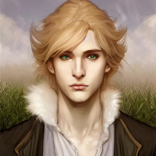 Image similar to Lucius the delicate androgynous pale blond prince league of legends on his day off, white poet shirt, long fluffy curly blond hair, highly detailed, digital painting, artstation, concept art, smooth, sharp focus, illustration, ArtStation, art by artgerm and greg rutkowski and alphonse mucha and Edmund Blair Leighton and Charlie Bowater